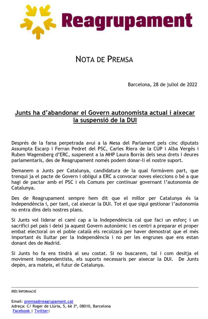 L'organització catalana Reagrupament i la valenciana RV/PVE es solidaritzen amb Laura Borràs i denuncien el caracy¡ter col·laboracionisyta amb l'Estat espanyol de les organitzacions catalanes ERC i CUP.
