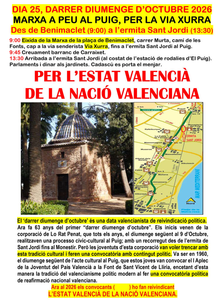 valencianistes PER L'ESTAT VALENCIÀ DE LA NACIÓ VALENCIANA, estan organitzant la Marxa a peu del darrer Diumenge d'Octubre de Benimaclet a l'ermita Sant Jordi -El PUIG, per la ruta senderista de l'antiga via xurra. 
